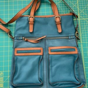 Franco Sarto Teal and Tan Leather Crossbody Tote